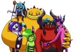 Size: 3806x2662 | Tagged: safe, artist:pyjamakama, master zik, zavok, zazz, zeena, zomom, zor, zeti, 2025, cane, deadly six, eyes closed, group hug, holding something, hugging, long description, looking at them, mouth open, simple background, smile, sonic lost world, standing, tongue out, transparent background, yellow sclera