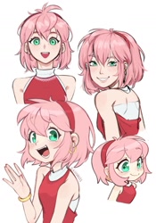 Size: 1102x1571 | Tagged: safe, artist:kiioki11, amy rose, human, alternate version, amybetes, blushing, cute, eye clipping through hair, eyebrow clipping through hair, humanized, mouth open, open smile, simple background, smile, smiling at viewer, solo, white background