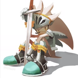 Size: 1676x1667 | Tagged: safe, artist:ectalexi, silver the hedgehog, knight armor, looking at viewer, shadow (lighting), simple background, sir galahad, sitting, solo, sword, white background