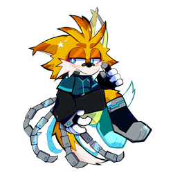 Size: 2048x2048 | Tagged: safe, artist:m3tr0n0m333, miles "tails" prower, nine, oc, oc:kumi the fox, sonic prime, 2024, bandaid, bandaid over nose, beanbrows, blushing, clothes, ear fluff, floppy ear, frown, fur markings, leg fluff, lidded eyes, looking offscreen, one fang, simple background, solo, star (symbol), transparent background