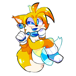 Size: 2048x2048 | Tagged: safe, artist:m3tr0n0m333, miles "tails" prower, oc, oc:aero the fox, 2024, beanbrows, blue shoes, ear fluff, fur markings, mouth open, open smile, pawpads, scarf, simple background, sitting, smile, smiling at viewer, solo, transparent background, wink