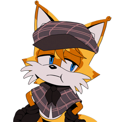 Size: 2048x2048 | Tagged: safe, editor:m3tr0n0m333, miles "tails" prower, oc, oc:aero the fox, the murder of sonic the hedgehog, 2024, black gloves, ear fluff, edit, frown, fur markings, hands on hips, lidded eyes, looking offscreen, pout, scarf, simple background, solo, tie, transparent background