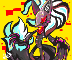 Size: 2048x1707 | Tagged: safe, artist:stripysockxx, infinite the jackal, digital static, phantom ruby, simple background, solo, yellow background
