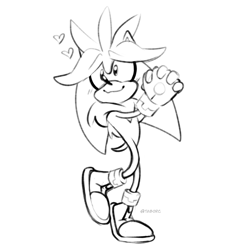 Size: 2093x2162 | Tagged: safe, artist:taborc, silver the hedgehog, 2025, cute, flat colors, hands together, heart, line art, monochrome, signature, simple background, smile, solo, standing, standing on one leg, white background