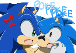 Size: 1300x910 | Tagged: safe, artist:msn1412, sonic the hedgehog, 2013, classic sonic, cross popping vein, duo, looking at each other, mouth open, poking, self paradox, sfx, signature, simple background, sonic x style, text, transparent background