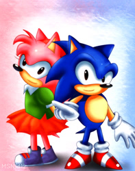 Size: 900x1145 | Tagged: safe, artist:msn1412, amy rose, sonic the hedgehog, 2013, classic amy, classic sonic, duo, gradient background, looking at viewer, pointing, pointing at viewer, smile, smiling at viewer, standing
