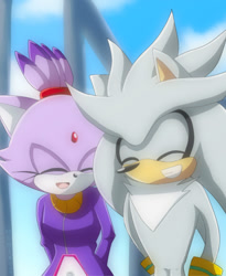 Size: 900x1100 | Tagged: safe, artist:msn1412, blaze the cat, silver the hedgehog, 2013, abstract background, daytime, duo, eyes closed, mouth open, open smile, outdoors, smile, standing