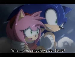 Size: 650x500 | Tagged: safe, artist:msn1412, amy rose, sonic the hedgehog, 2013, abstract background, arm around shoulders, border, clenched teeth, dialogue, duo, english text, fake screenshot, frown, holding each other, looking offscreen, mouth open, snow, snowing, standing, talking, text