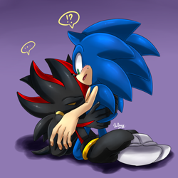 Size: 900x900 | Tagged: safe, artist:unichrome-uni, shadow the hedgehog, sonic the hedgehog, ..., 2013, barefoot, duo, exclamation mark, gay, gloves off, gradient background, hugging, kneeling, mouth open, question mark, sad, shadow x sonic, shipping, shoes off, signature, socks off, sweatdrop