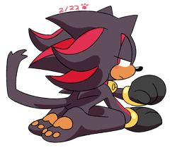 Size: 876x745 | Tagged: safe, artist:cherucat, shadow the hedgehog, cat, 2017, barefoot, bell, blushing, collar, cute, frown, gloves off, kneeling, lidded eyes, looking at viewer, looking back, looking back at viewer, pawpads, paws, shadowbetes, shoes off, signature, simple background, socks off, solo, species swap, transparent background