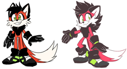 Size: 1608x880 | Tagged: safe, artist:8xenon8, artist:shadails, oc, oc:sydnie (8xenon8), 2015, back fluff, black fur, black gloves, black shoes, chest fluff, design comparison, duo, flat colors, fur markings, gloves, green eyes, head fluff, maned wolf, neck fluff, oc only, pink fur, red fur, shoes, simple background, smile, smiling at viewer, standing, white background, white fur