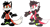 Size: 1608x880 | Tagged: safe, artist:8xenon8, artist:shadails, oc, oc:sydnie (8xenon8), 2015, back fluff, black fur, black gloves, black shoes, chest fluff, design comparison, duo, flat colors, fur markings, gloves, green eyes, head fluff, maned wolf, neck fluff, oc only, pink fur, red fur, shoes, simple background, smile, smiling at viewer, standing, white background, white fur