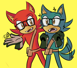 Size: 1006x886 | Tagged: safe, artist:plushpit, gadget the wolf, wolf, sonic forces, 2017, arm around shoulders, belt, clenched fists, duo, fangs, gizmo the wolf, glasses, gloves, headcanon, looking at viewer, looking offscreen, mouth open, signature, simple background, smile, standing, twins, yellow background