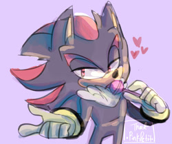 Size: 1024x858 | Tagged: safe, artist:thatpinkpetit, shadow the hedgehog, 2018, food, heart, holding something, lidded eyes, lollipop, looking at viewer, pointing, purple background, signature, simple background, solo, standing
