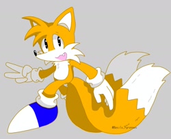 Size: 1886x1532 | Tagged: safe, artist:basilo_tyrannus, miles "tails" prower, 2025, blue shoes, chest fluff, gloves, grey background, one fang, open smile, shoes, signature, simple background, smile, smiling at viewer, solo, v sign