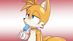 Size: 2048x1152 | Tagged: safe, artist:seen023hey, miles "tails" prower, 2025, food, gradient background, holding something, ice cream, licking, lidded eyes, looking offscreen, solo, standing, sweatdrop, tongue out
