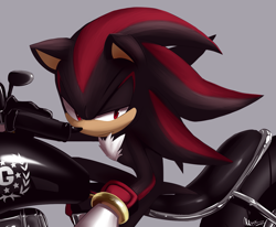 Size: 1265x1040 | Tagged: safe, artist:myly14, shadow the hedgehog, 2015, frown, g.u.n logo, grey background, lidded eyes, lineless, looking at viewer, motorcycle, signature, simple background, sitting, solo