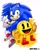 Size: 1276x1588 | Tagged: safe, artist:nonicpower, sonic the hedgehog, 2025, abstract background, clenched fist, crossover, double thumbs up, duo, looking at viewer, pac-man, pac-man (series), signature, smile, smiling at viewer, thumbs up