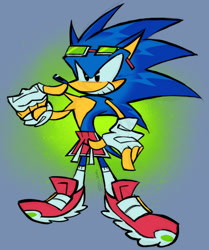 Size: 1173x1400 | Tagged: safe, artist:jojoleafy1234, sonic the hedgehog, hedgehog, 2025, clothes, eyewear on head, finger under nose, fingerless gloves, glasses, gloves, gradient background, male, redesign, shoes, shorts, signature, smile, socks, solo, standing, sunglasses, topless