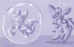 Size: 847x535 | Tagged: safe, artist:thepandamis, miles "tails" prower, sonic the hedgehog, 2005, aqua shield, bubble, drooling, duo, elemental shield, greyscale, monochrome, musical note, shield (power-up), unaware, underwater, water