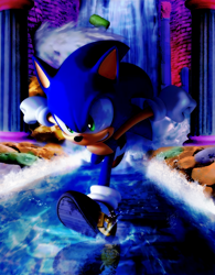 Size: 1500x1920 | Tagged: safe, artist:darkfailure, sonic the hedgehog, hydrocity zone, 2011, 3d, abstract background, brick, clenched fists, clenched teeth, looking ahead, looking offscreen, running, running on water, smile, solo, sonic the hedgehog 3, water