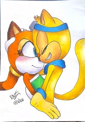 Size: 1922x2733 | Tagged: safe, artist:gruffdasmuff, marine the raccoon, ray the flying squirrel, 2025, base used, duo, eyes closed, holding them, looking at them, marine x ray, shipping, signature, simple background, smile, smiling at them, straight, traditional media, white background