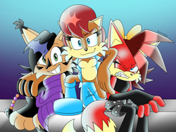 Size: 4000x3000 | Tagged: safe, artist:fartist2020, fiona fox, nicole the hololynx, sally acorn, chipmunk, fox, female, gradient background, hololynx, sally's vest and boots, trio