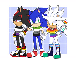 Size: 1280x1036 | Tagged: dead source, safe, artist:illodin, shadow the hedgehog, silver the hedgehog, sonic the hedgehog, 2017, abstract background, aromantic, aromantic pride, asexual, asexual pride, clothes, flag, frown, gay, gay pride, hand on shoulder, holding hands, holding something, looking at them, looking at viewer, looking offscreen, outline, pride, pride flag, shirt, smile, trans male, trans pride, transgender, trio