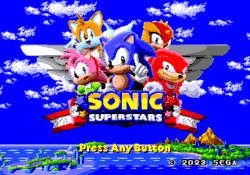 Size: 960x672 | Tagged: safe, artist:i-like-sonic-91, amy rose, knuckles the echidna, miles "tails" prower, sonic the hedgehog, trip the sungazer, sonic superstars, 2024, abstract background, animated, classic amy, classic knuckles, classic sonic, classic tails, clouds, daytime, english text, fake screenshot, gif, group, island, looking at viewer, ocean, pixel art, pointing, redraw, smile, smiling at viewer, sprite, text, title screen, wagging finger, water