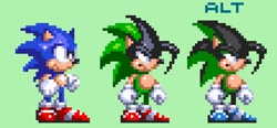 Size: 864x400 | Tagged: safe, artist:sabry949, sonic the hedgehog, oc, oc:ashura the hedgehog, hedgehog, 2023, blue shoes, duality, duo, frown, green background, looking offscreen, pixel art, red shoes, reference inset, simple background, sonic the hedgehog 3, sprite, standing, style emulation