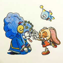 Size: 2218x2218 | Tagged: safe, artist:miniluv73, cheese (chao), cream the rabbit, chao, 2023, ariem, cute, daisy (flower), eyes closed, flower, flower crown, flying, kneeling, looking at them, neutral chao, smile, standing, traditional media, trio
