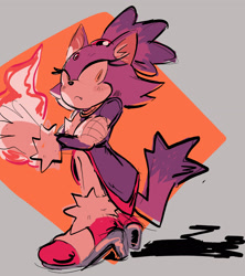 Size: 1850x2085 | Tagged: safe, artist:transredguy, blaze the cat, 2025, abstract background, arms folded, blushing, ear fluff, fire, fire hand, flame, frown, looking at viewer, one fang, shadow (lighting), sketch, solo, standing