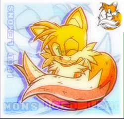 Size: 1179x1127 | Tagged: safe, artist:just1cy, miles "tails" prower, 2022, echo background, eyebrow clipping through hair, looking at viewer, outline, redraw, reference inset, signature, smile, smiling at viewer, solo, wink, wrapped in tails