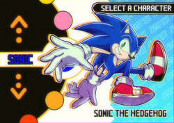 Size: 1754x1240 | Tagged: safe, artist:just1cy, sonic the hedgehog, 2025, abstract background, character name, character select, clenched teeth, english text, looking at viewer, outline, redraw, smile, solo, sonic advance, text