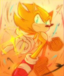 Size: 1730x2048 | Tagged: safe, artist:just1cy, sonic the hedgehog, super sonic 2, abstract background, clenched fist, finger snap, frown, looking at viewer, redraw, shine, solo, super form