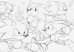 Size: 1754x1240 | Tagged: safe, artist:just1cy, sonic the hedgehog, classic sonic, exclamation mark, frown, line art, looking at viewer, looking offscreen, monochrome, mouth open, pointing, running, simple background, solo, white background
