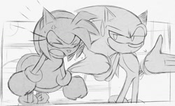 Size: 1183x713 | Tagged: safe, artist:just1cy, amy rose, sonic the hedgehog, amy x sonic, annoyed, cross popping vein, duo, eyes closed, frown, greyscale, looking at them, monochrome, mouth open, shipping, shrugging, standing, straight, sweatdrop, yelling