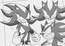 Size: 1754x1240 | Tagged: safe, artist:just1cy, shadow the hedgehog, 2025, frown, greyscale, looking at viewer, looking offscreen, monochrome, mouth open, one fang, shrunken pupils, signature, simple background, solo, standing, sweatdrop, white background