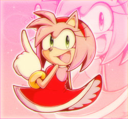Size: 1500x1400 | Tagged: safe, artist:just1cy, amy rose, 2025, echo background, looking at viewer, looking back, looking back at viewer, mouth open, open smile, outline, pointing, redraw, signature, smile, solo