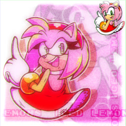 Size: 1120x1120 | Tagged: safe, artist:just1cy, amy rose, 2022, echo background, looking at viewer, looking back, looking back at viewer, mouth open, open smile, outline, pointing, redraw, reference inset, signature, smile, solo, sparkles