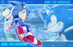 Size: 1900x1240 | Tagged: safe, artist:just1cy, sonic the hedgehog, 2025, abstract background, character name, english text, loading screen, looking at viewer, looking offscreen, ocean palace, outline, signature, smile, smiling at viewer, solo, star (symbol), text, thumbs up