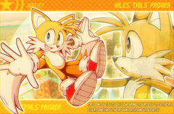 Size: 1900x1240 | Tagged: safe, artist:just1cy, miles "tails" prower, 2025, abstract background, arms out, character name, english text, grand metropolis, loading screen, looking at viewer, looking offscreen, mouth open, outline, signature, smile, smiling at viewer, solo, star (symbol), text