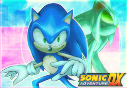 Size: 1790x1240 | Tagged: safe, artist:just1cy, chaos, sonic the hedgehog, sonic adventure, 2025, abstract background, duo, looking at viewer, looking offscreen, outline, redraw, signature, smile, smiling at viewer, sonic adventure dx