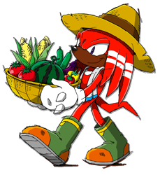 Size: 1036x1082 | Tagged: safe, editor:hydrocities-left, knuckles the echidna, 2019, basket, black edit, boots, corn, cucumber, dark skin, edit, food, hat, holding something, melon, pepper, simple background, solo, tomato, transparent background, walking