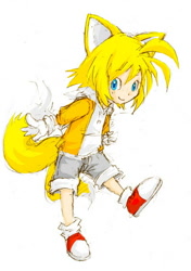 Size: 400x568 | Tagged: safe, artist:dc9spot, miles "tails" prower, human, 2008, eyebrow clipping through hair, humanized, looking at viewer, partially humanized, simple background, smile, smiling at viewer, solo, standing, standing on one leg, white background
