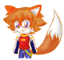 Size: 564x523 | Tagged: safe, artist:tete-chin, chris thorndyke, fox, 2006, missing limb, mobianified, simple background, smile, smiling at viewer, solo, standing, white background