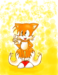 Size: 546x700 | Tagged: safe, artist:x-x-lolzgurl-x-x, miles "tails" prower, adventures of sonic the hedgehog, 2010, abstract background, blushing, hand behind back, looking offscreen, mouth open, open smile, pointing, smile, solo, sonic satam, standing