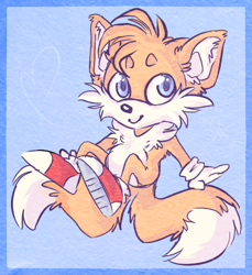 Size: 436x476 | Tagged: safe, artist:homosocks, miles "tails" prower, 2011, beanbrows, blue background, border, chest fluff, cute, ear fluff, fluffy, looking at viewer, simple background, smile, smiling at viewer, solo, tail fluff, tailabetes