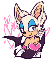 Size: 353x418 | Tagged: safe, artist:homosocks, rouge the bat, 2013, cleavage, ear fluff, eyelashes, fluffy, heart, lidded eyes, simple background, smile, smiling at viewer, solo, white background