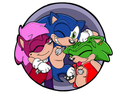 Size: 1280x960 | Tagged: safe, artist:dragon22551, sonia the hedgehog, sonic the hedgehog, sonic underground, 2023, alternate universe, arm around shoulders, au:sonic underground, manic the hedgehog, necklace, one eye closed, siblings, simple background, smile, tongue out, transparent background, trio, uekawa style